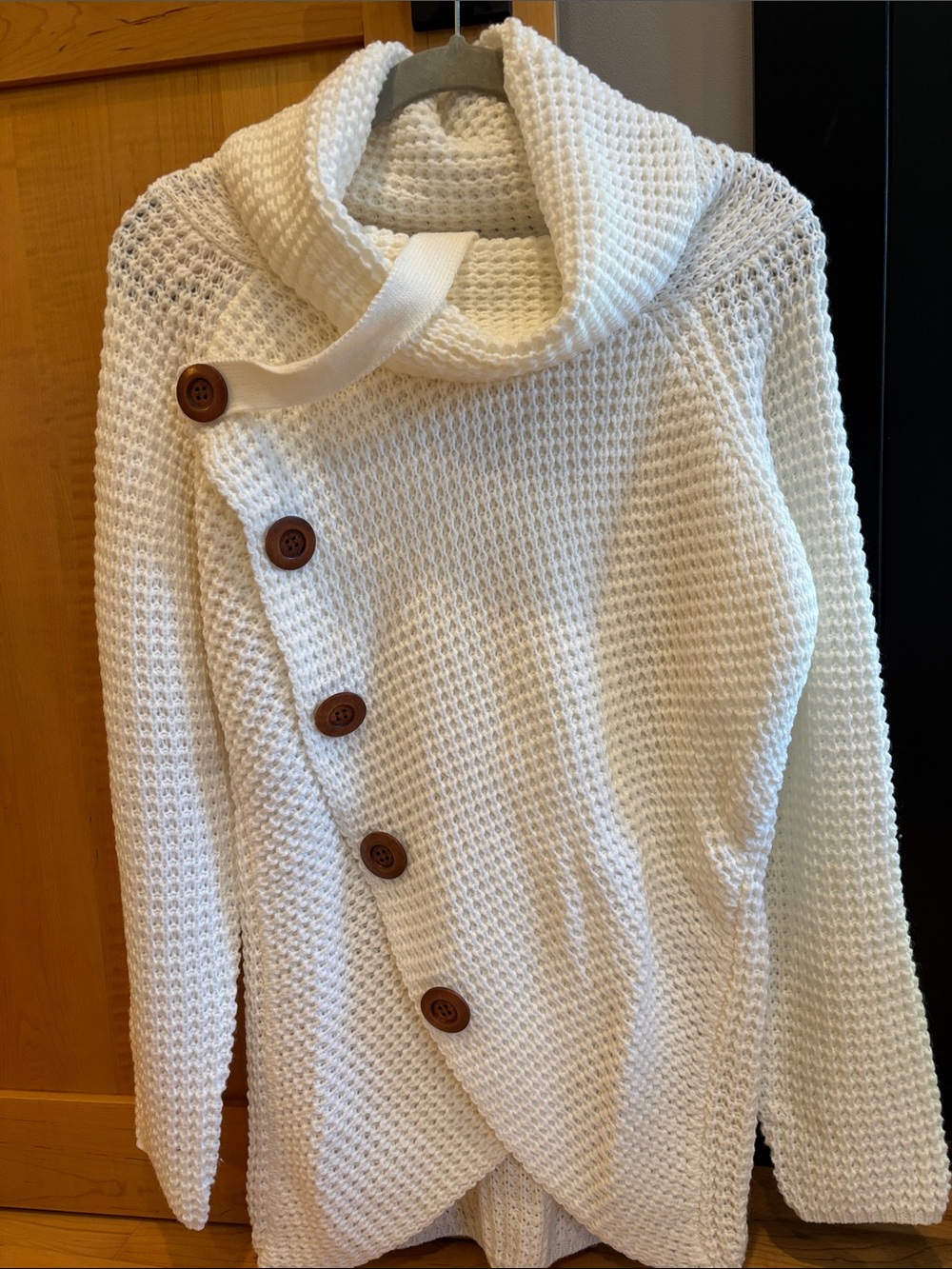 Women’s Cream Asymmetrical Button Cowl Knit Sweater